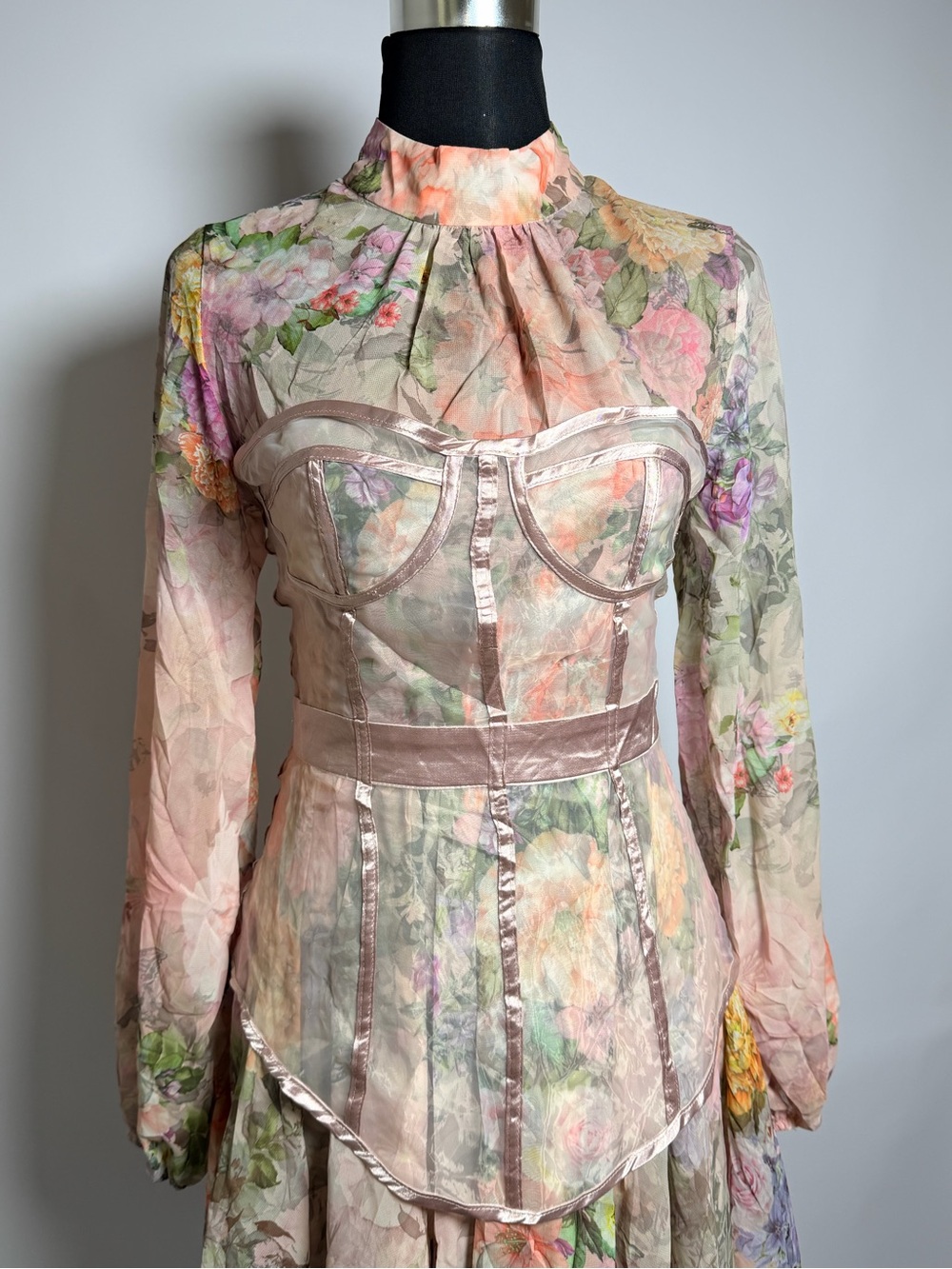 Miss Ord Floral Corset Mini Dress M Sheer Puff Sleeve Cottagecore Pink - Picture 3 of 7